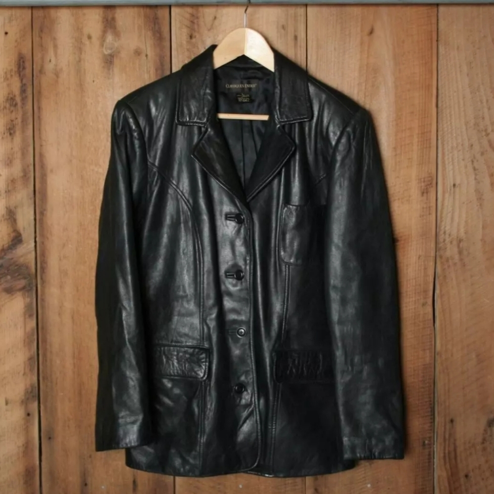 CLASSIQUES ENTIER Black Lambskin Leather 4-Button Blazer Car Coat Women's Sz. L